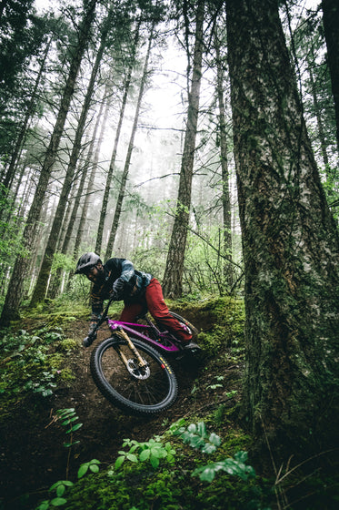 Rider cornering the Santa Cruz Heckler SL in a misty forest